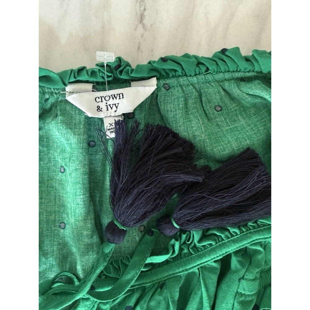 Crown And Ivy Top Green Puffy Sleeve Tassel tie Peasant Top XL Polka Dot - Picture 5 of 8